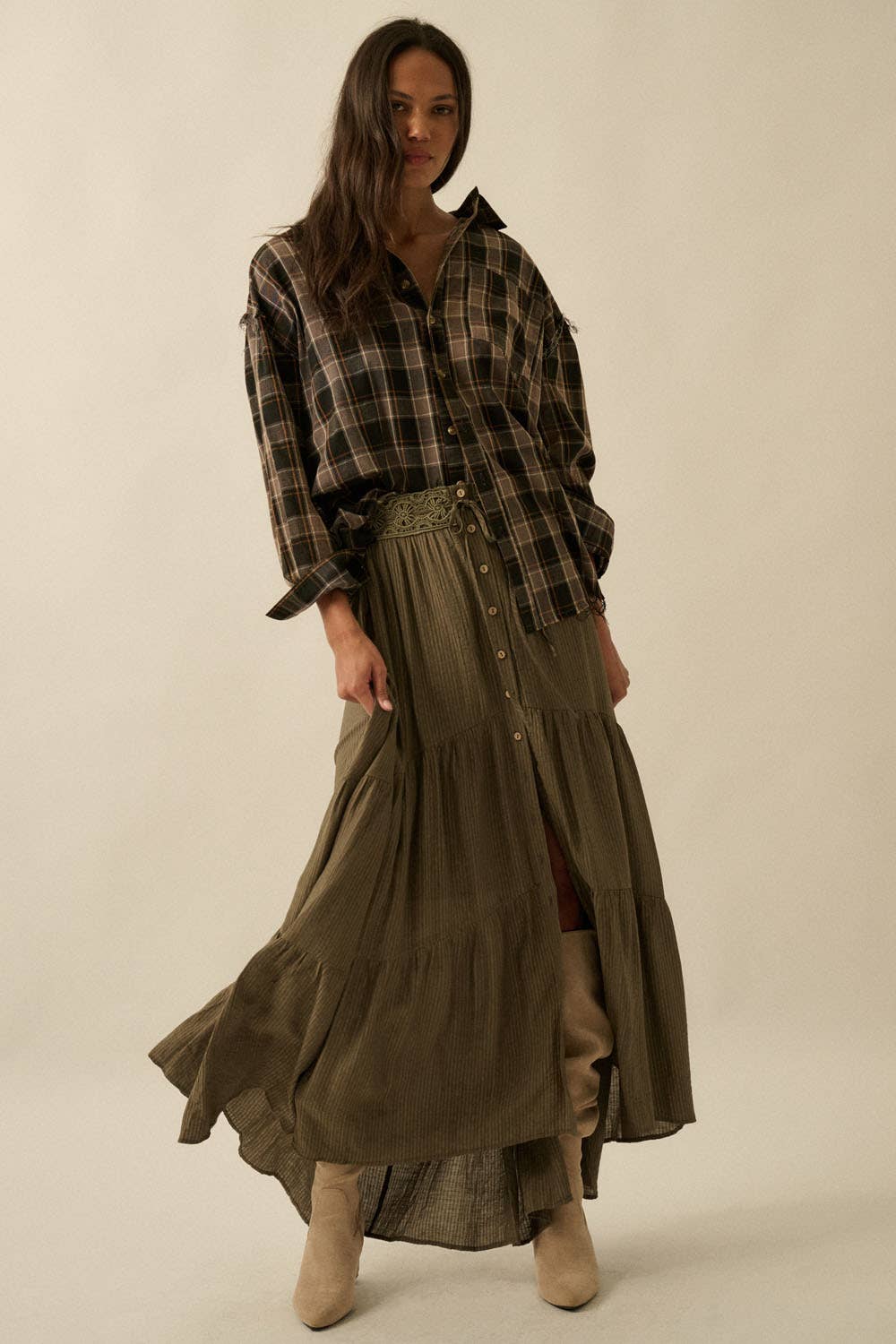 Striped Lace-Trim Tiered Button-Front Maxi Skirt