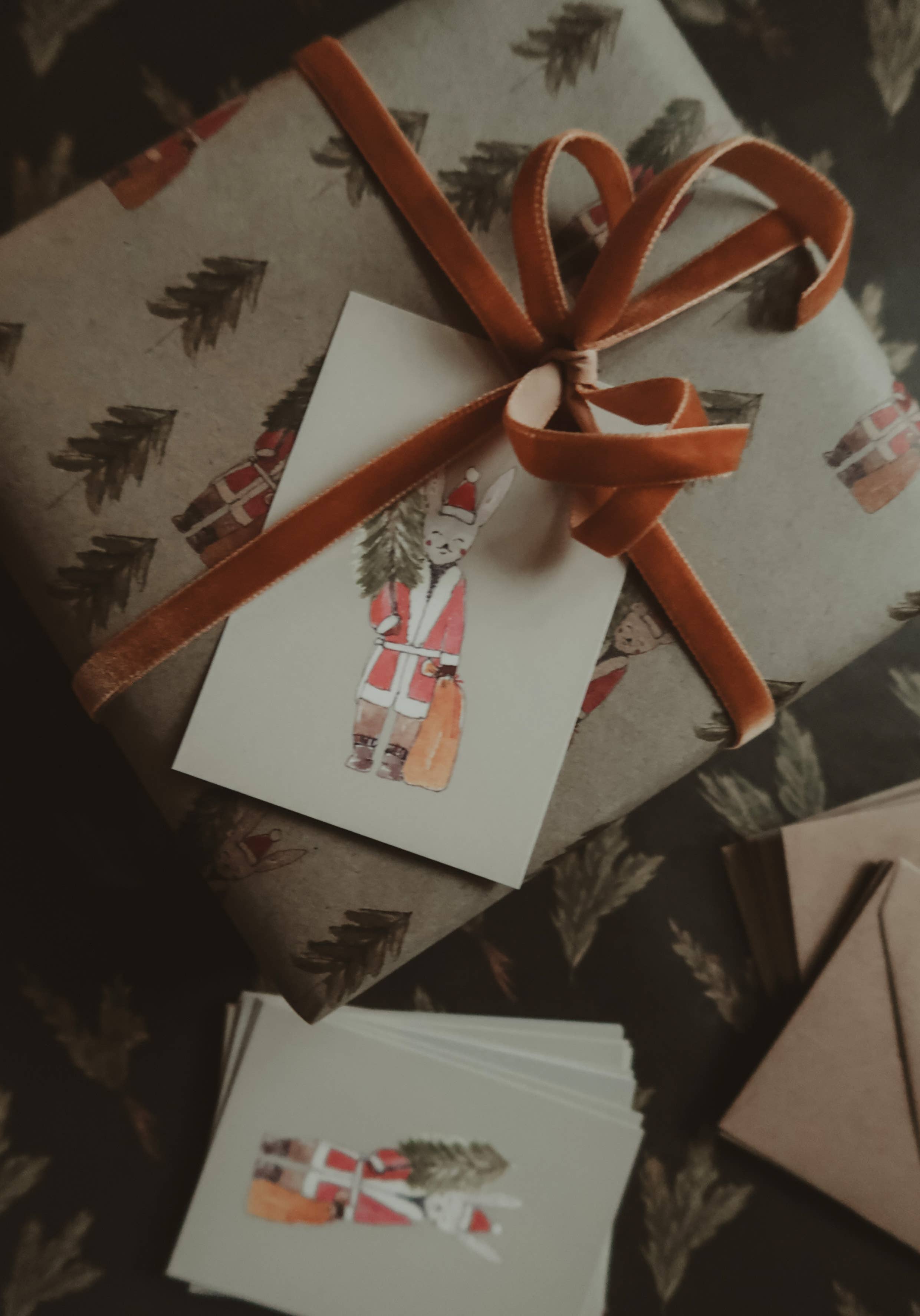 Winter bunny with a tree Small Flat Card
