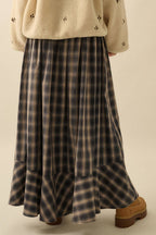 Plaid Flannel Button-Front Drawstring Maxi Skirt