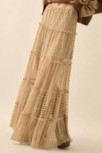Striped Lace Tiered Ruffle Maxi Skirt
