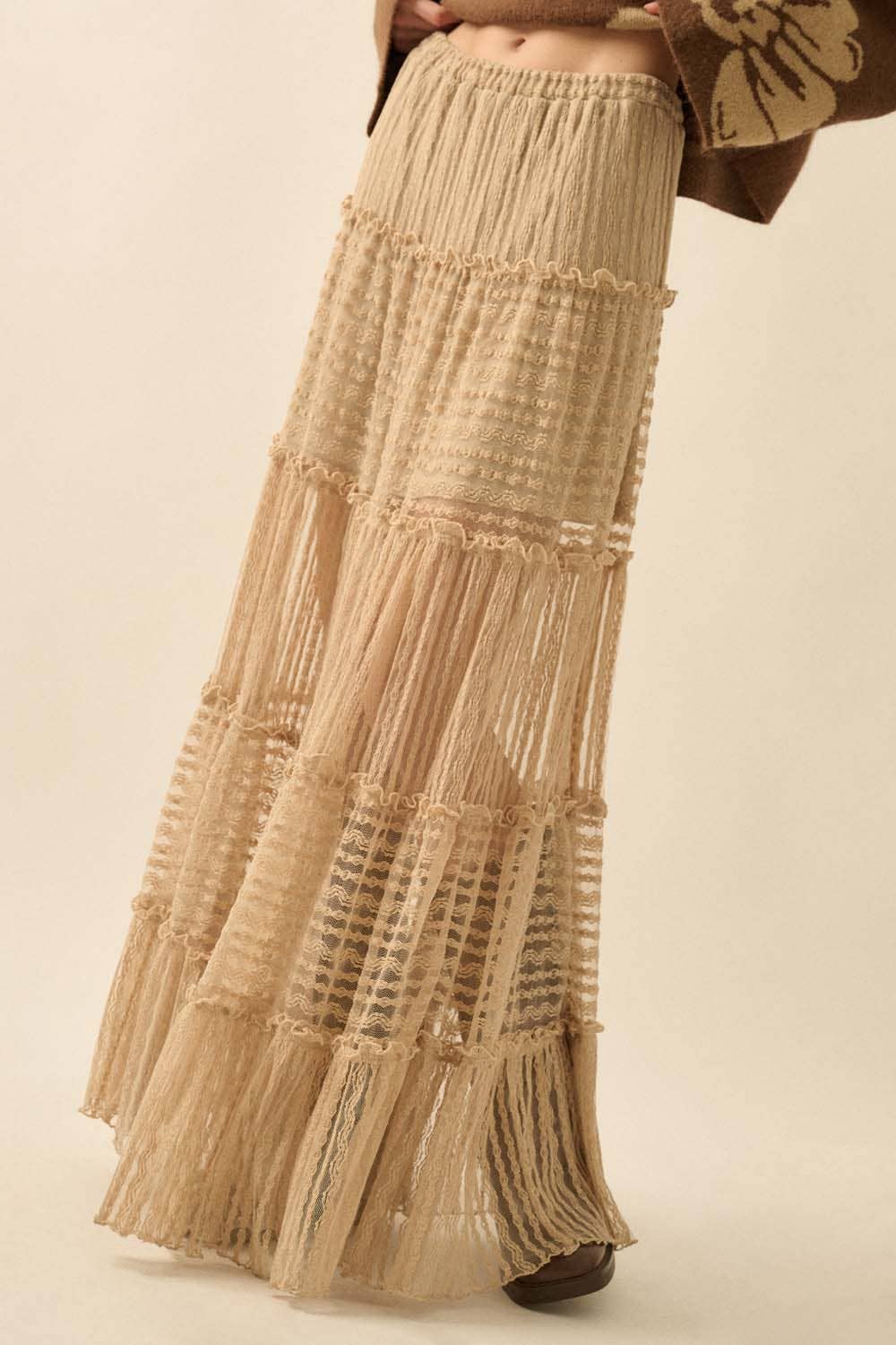 Striped Lace Tiered Ruffle Maxi Skirt