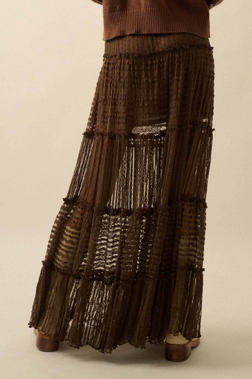 Striped Lace Tiered Ruffle Maxi Skirt