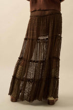 Striped Lace Tiered Ruffle Maxi Skirt