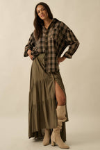 Striped Lace-Trim Tiered Button-Front Maxi Skirt
