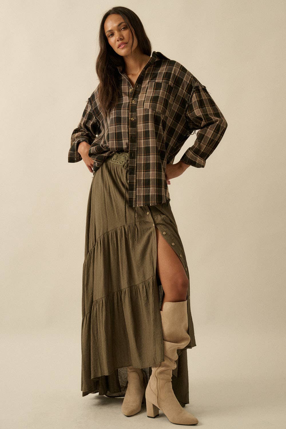 Striped Lace-Trim Tiered Button-Front Maxi Skirt