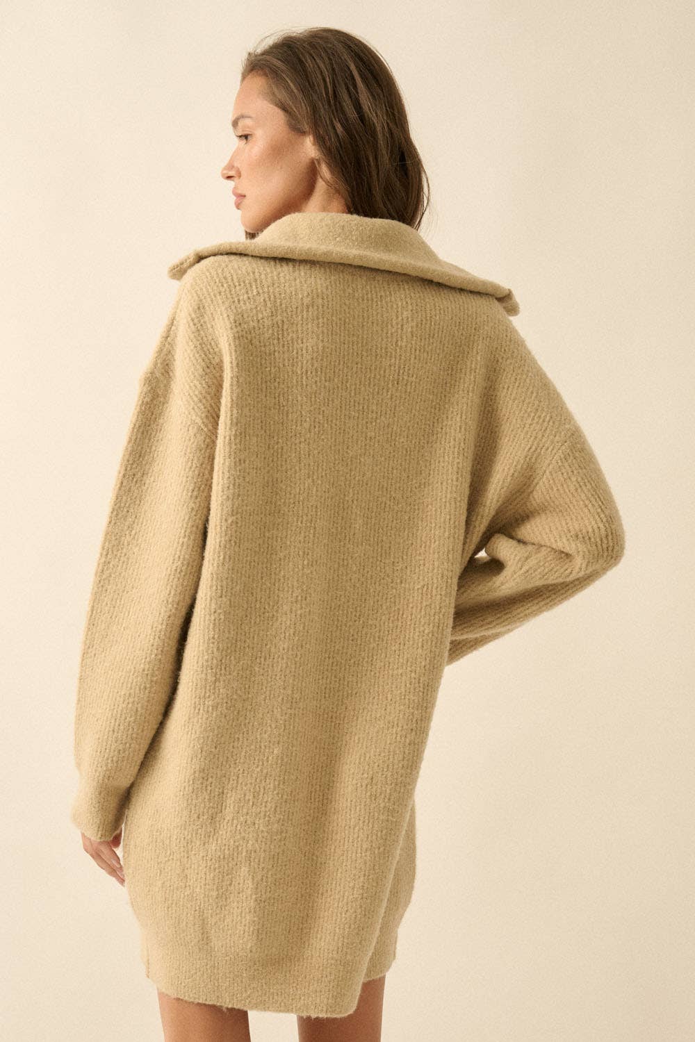Rib-Knit Mini Sweater Dress with Oversize Collar