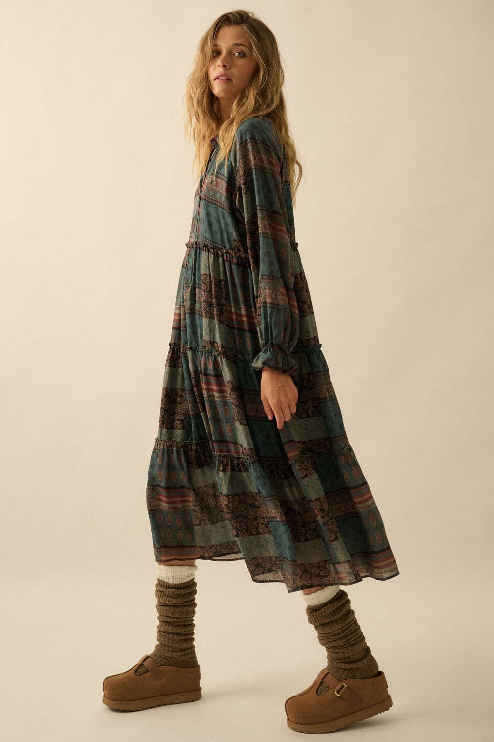 Patchwork-Print Tiered Ruffle Midi Prairie Dress
