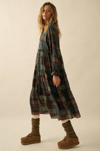 Patchwork-Print Tiered Ruffle Midi Prairie Dress