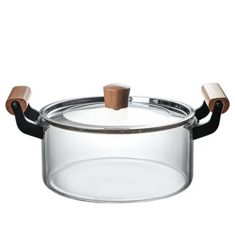 Heat-Resistant Glass Cooking Pot w/ Wooden Handles