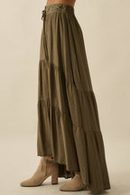 Striped Lace-Trim Tiered Button-Front Maxi Skirt