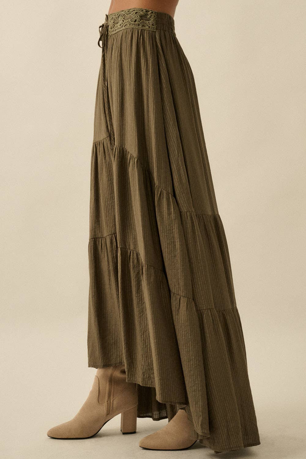 Striped Lace-Trim Tiered Button-Front Maxi Skirt