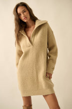 Rib-Knit Mini Sweater Dress with Oversize Collar