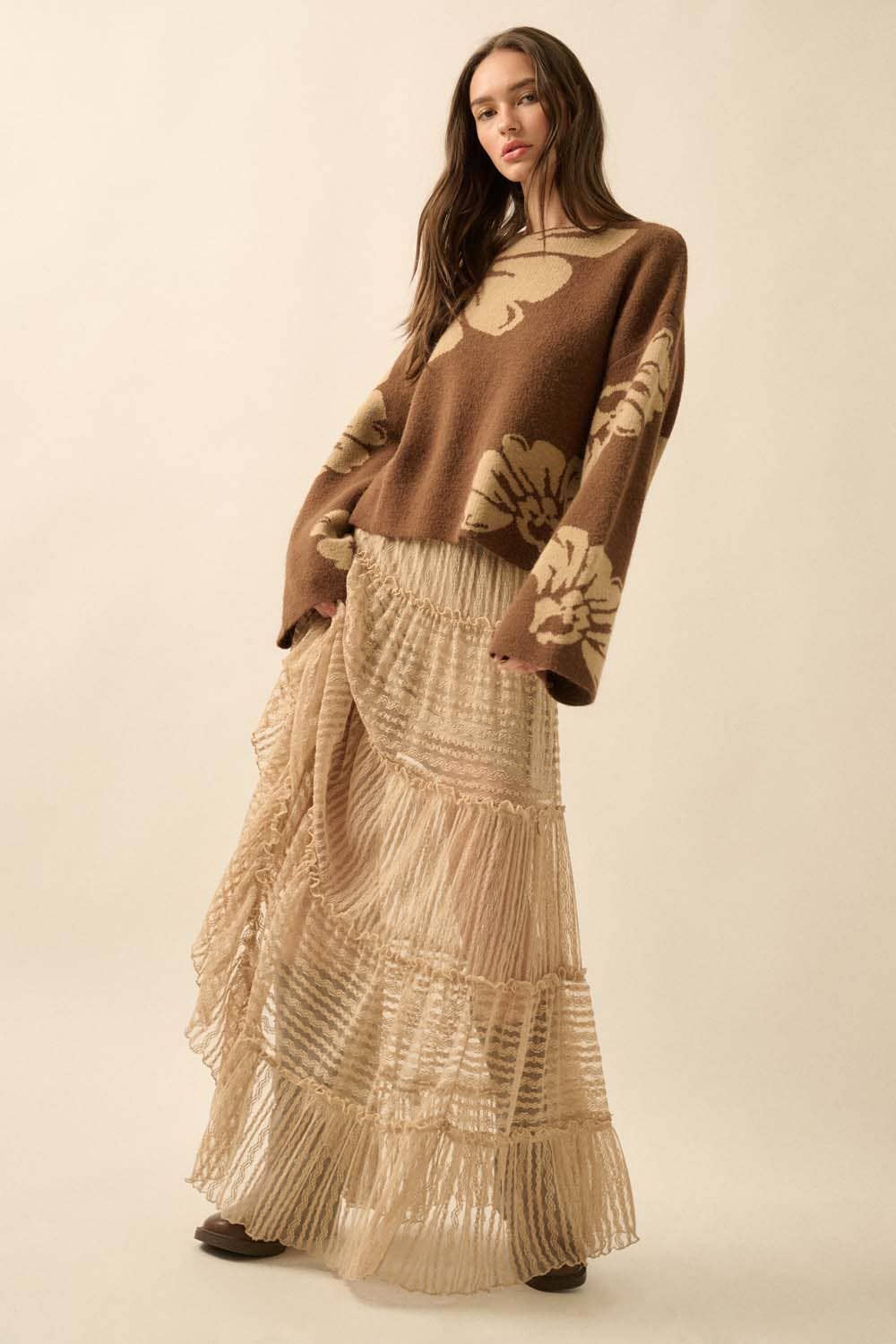 Striped Lace Tiered Ruffle Maxi Skirt