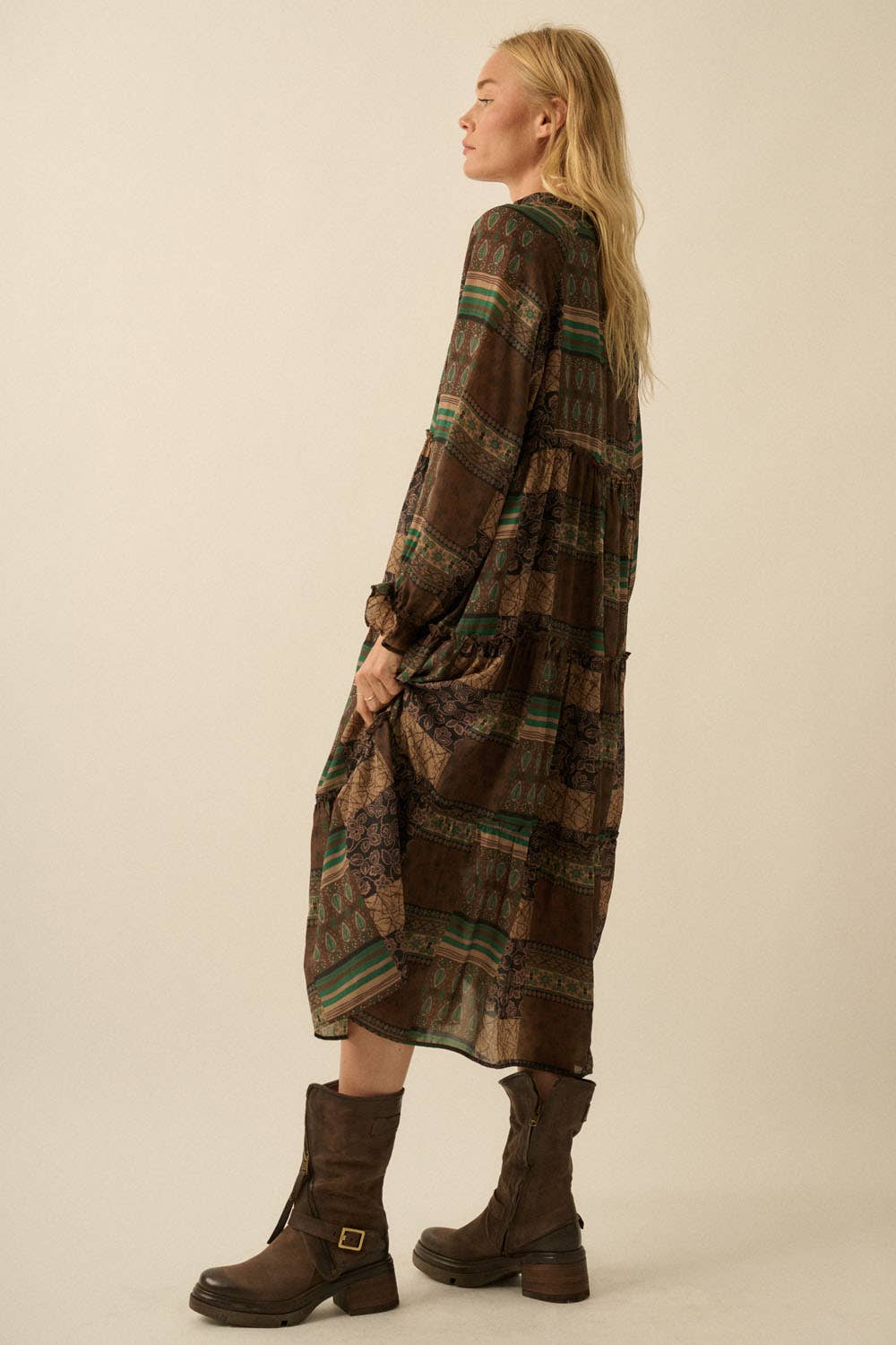 Patchwork-Print Tiered Ruffle Midi Prairie Dress