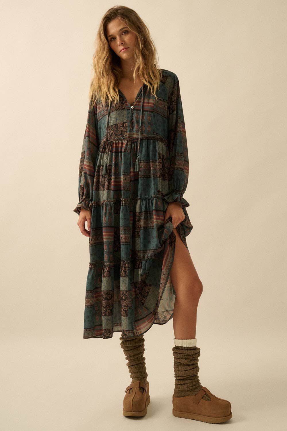 Patchwork-Print Tiered Ruffle Midi Prairie Dress