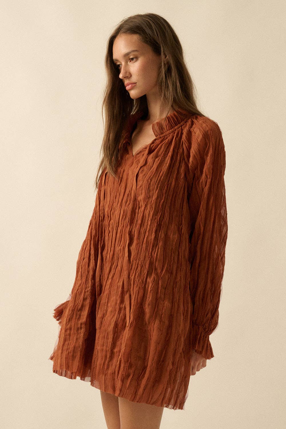 Ruffle-Trim Chiffon Peasant-Sleeve Mini Dress
