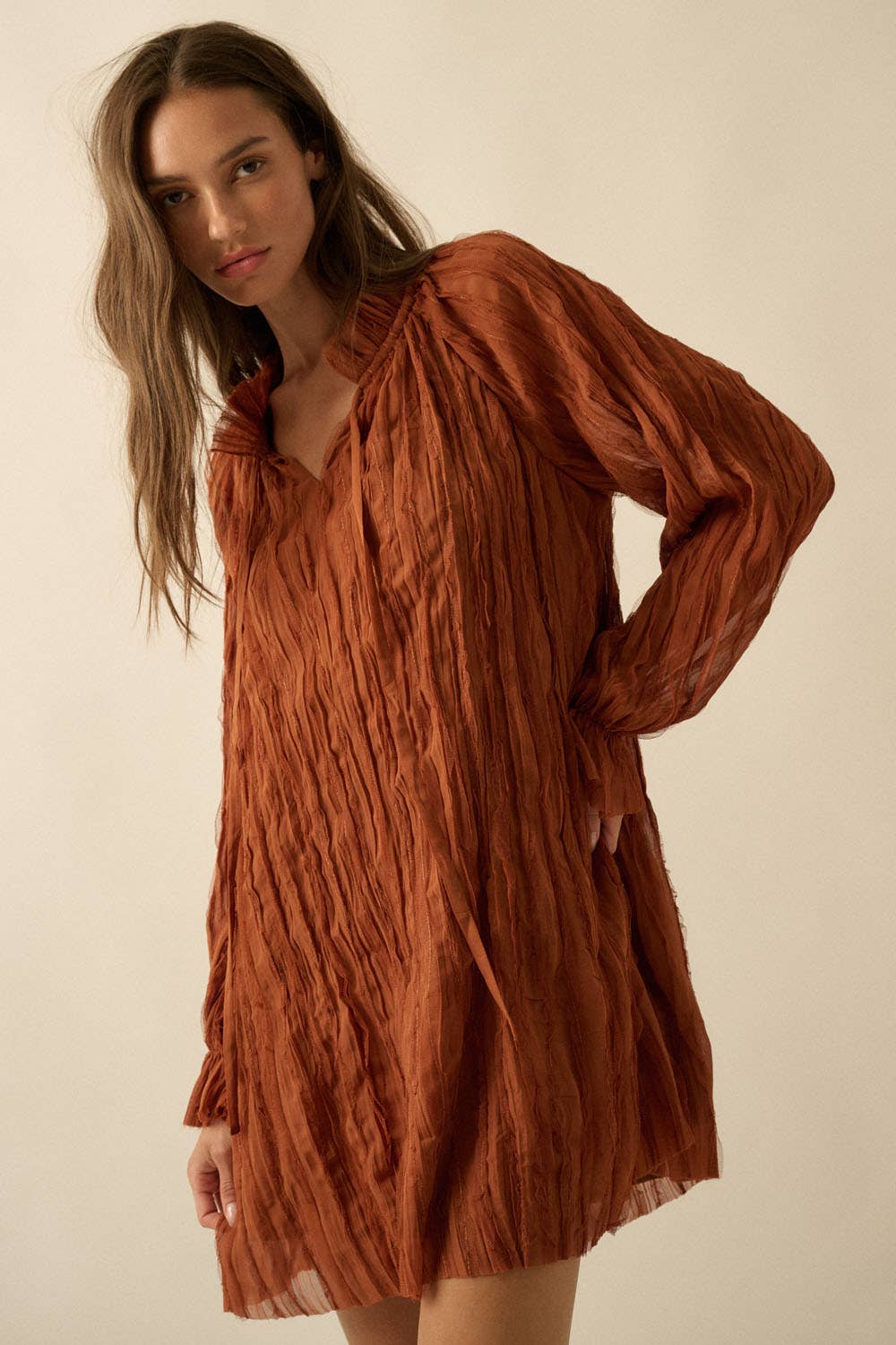 Ruffle-Trim Chiffon Peasant-Sleeve Mini Dress