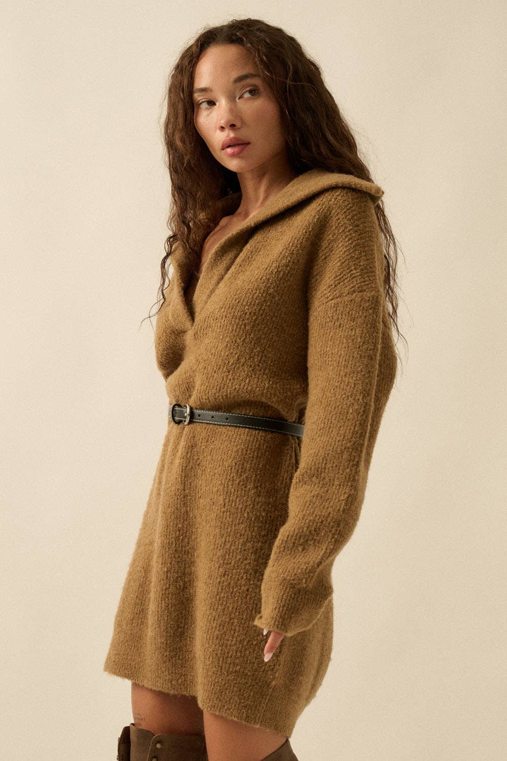 Rib-Knit Mini Sweater Dress with Oversize Collar