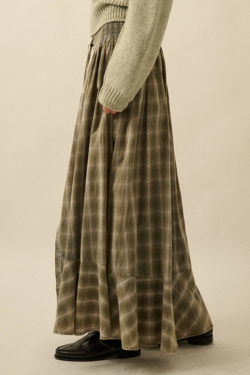 Plaid Flannel Button-Front Drawstring Maxi Skirt