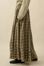 Plaid Flannel Button-Front Drawstring Maxi Skirt