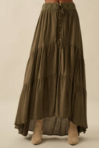 Striped Lace-Trim Tiered Button-Front Maxi Skirt