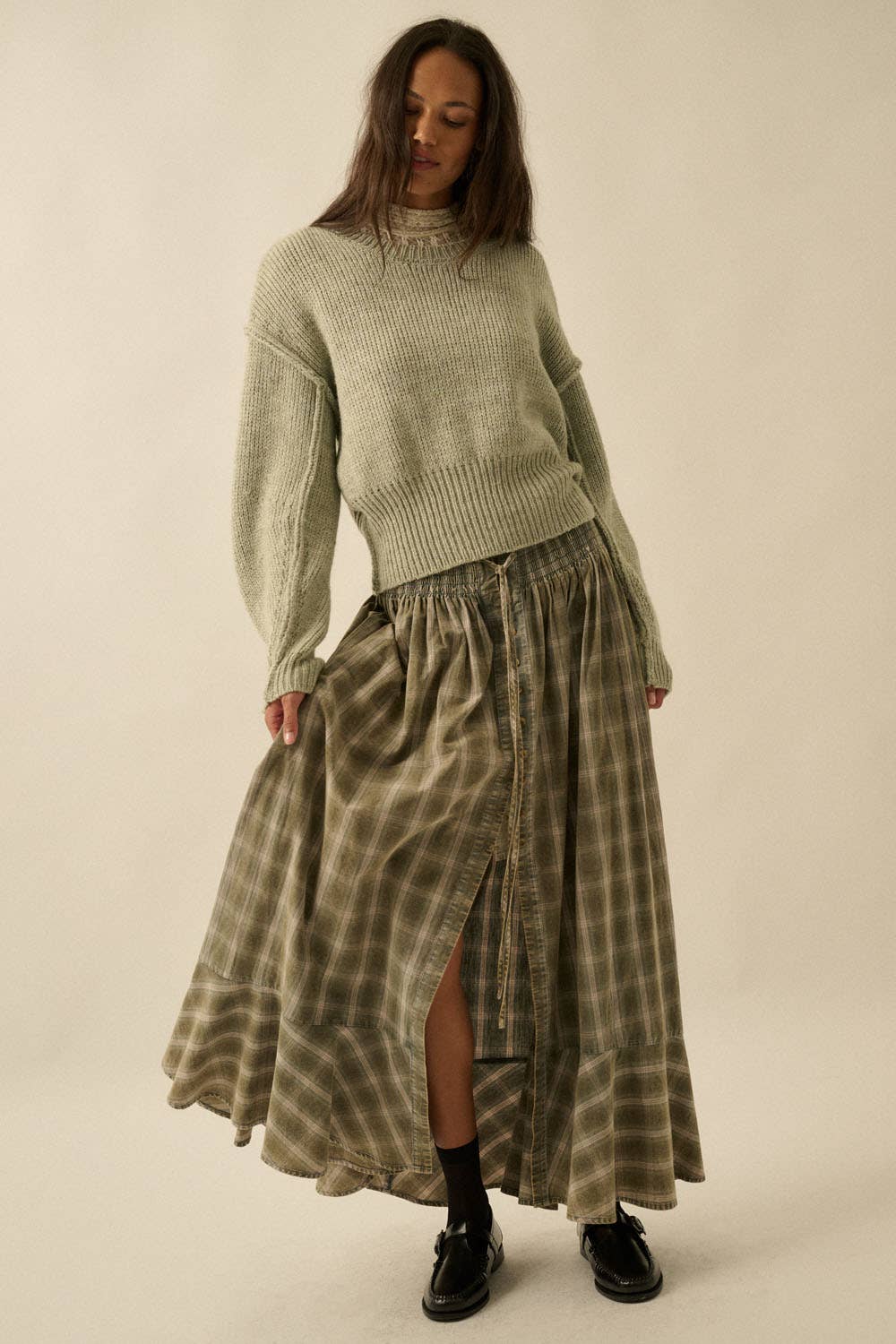 Plaid Flannel Button-Front Drawstring Maxi Skirt