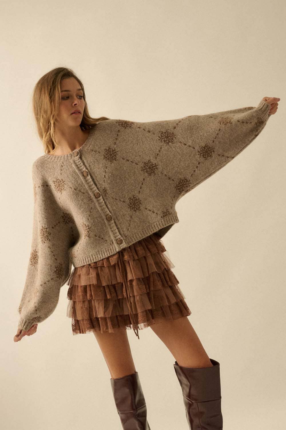 Snowflake Jacquard-Knit Button-Up Dolman Cardigan