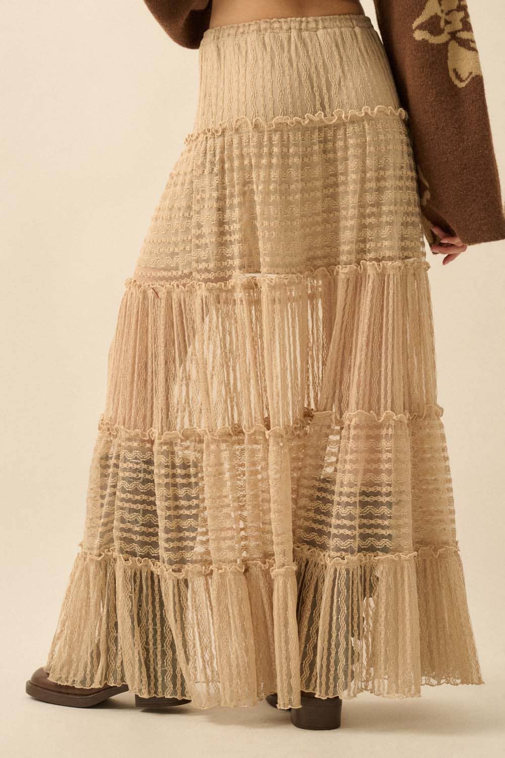 Striped Lace Tiered Ruffle Maxi Skirt