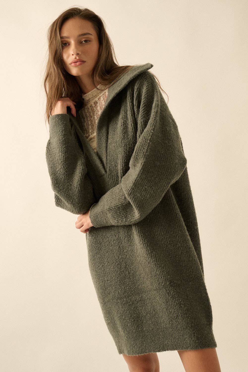 Rib-Knit Mini Sweater Dress with Oversize Collar