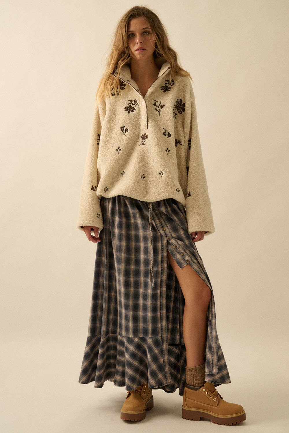 Plaid Flannel Button-Front Drawstring Maxi Skirt