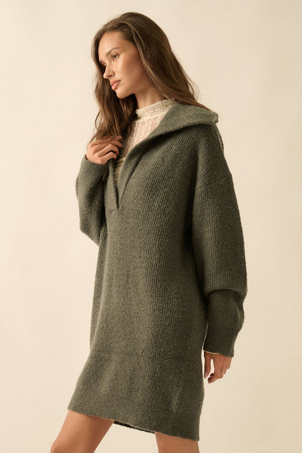 Rib-Knit Mini Sweater Dress with Oversize Collar