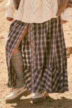 Plaid Flannel Button-Front Drawstring Maxi Skirt
