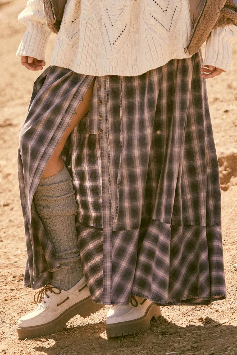 Plaid Flannel Button-Front Drawstring Maxi Skirt