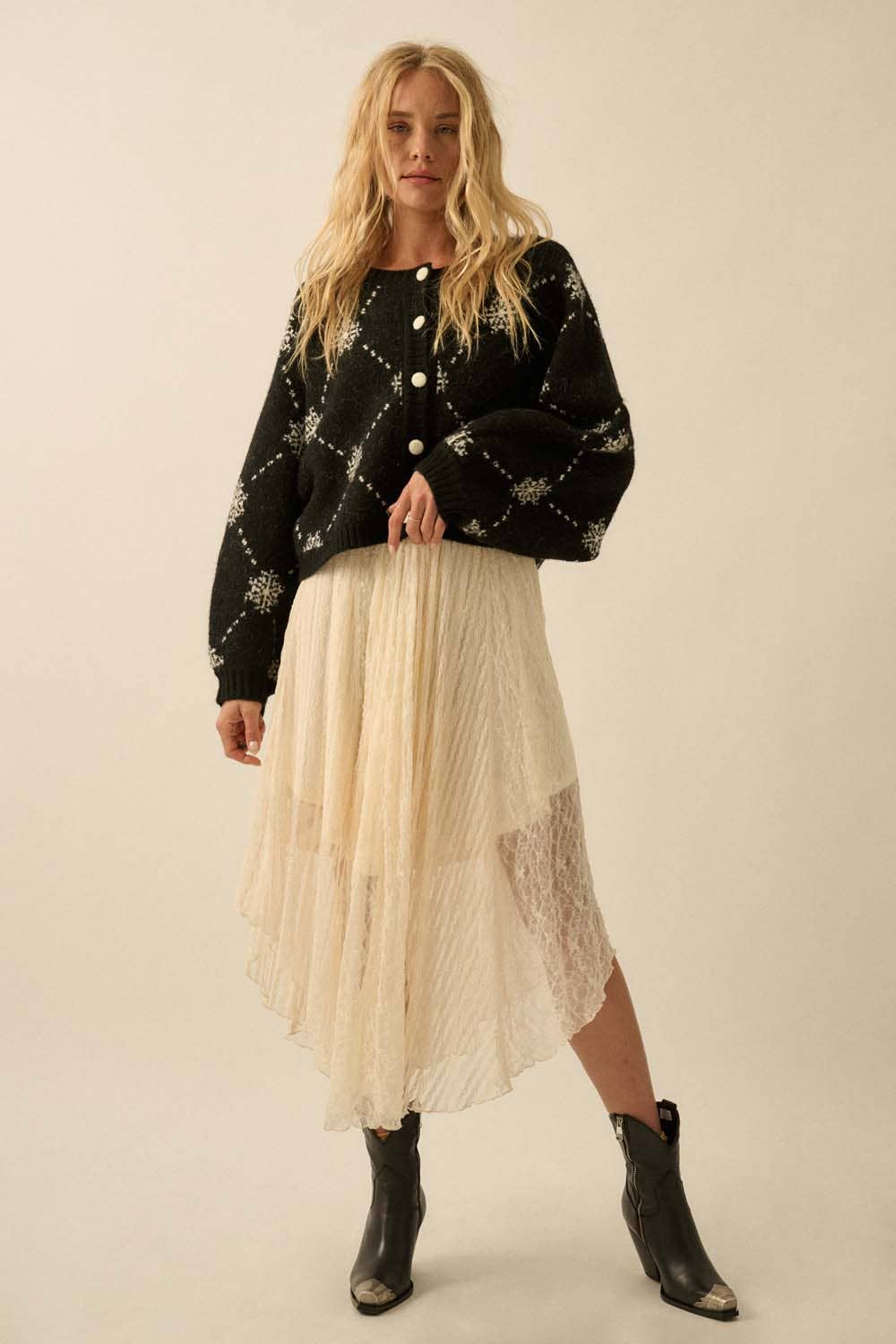 Snowflake Jacquard-Knit Button-Up Dolman Cardigan
