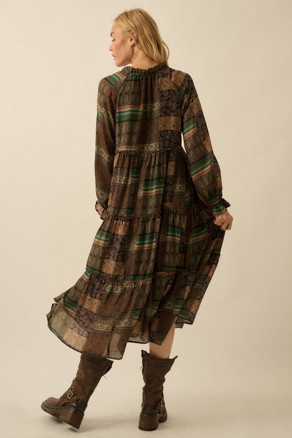 Patchwork-Print Tiered Ruffle Midi Prairie Dress