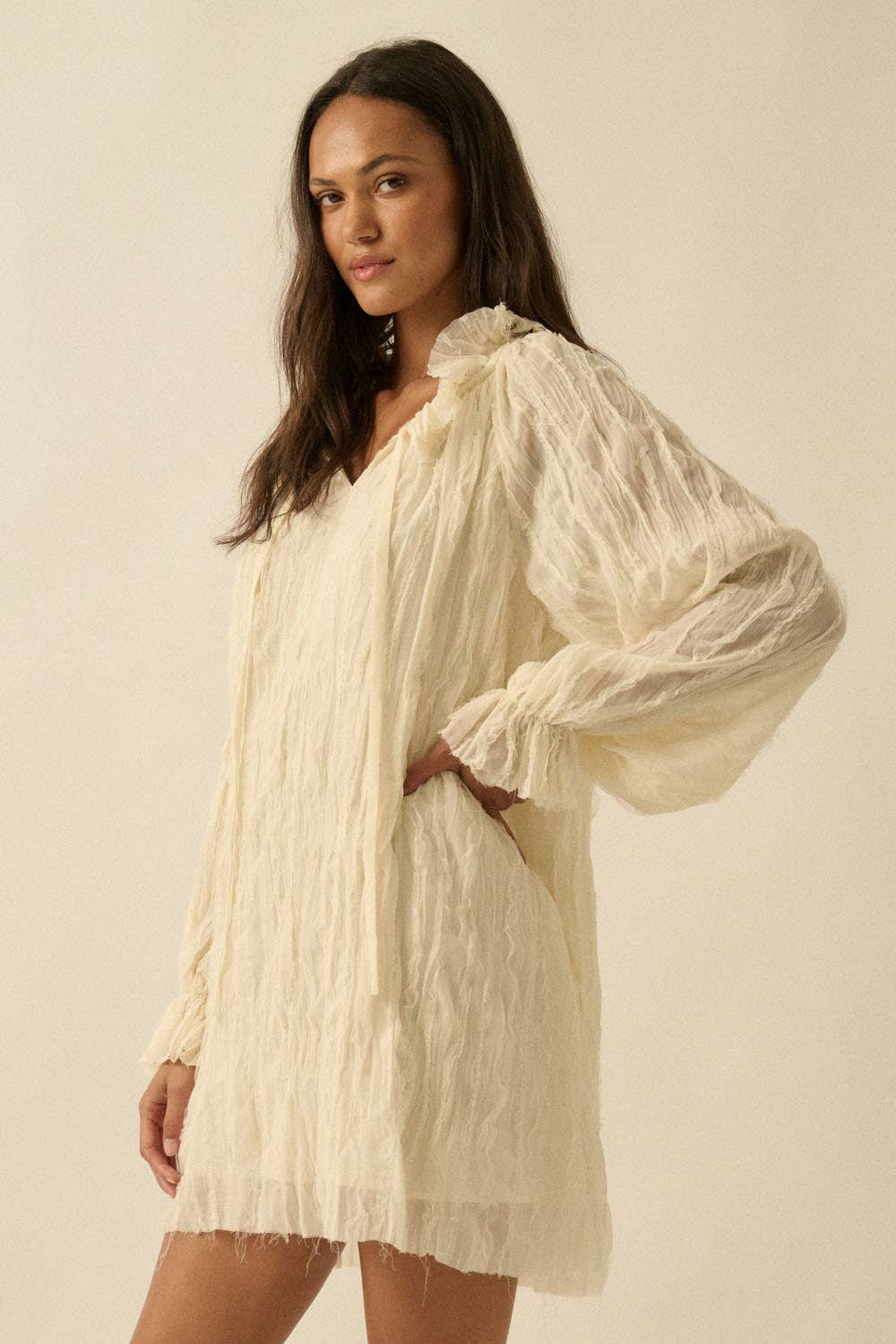 Ruffle-Trim Chiffon Peasant-Sleeve Mini Dress