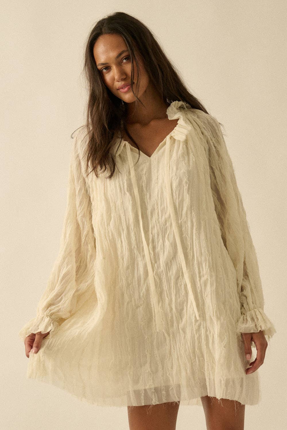 Ruffle-Trim Chiffon Peasant-Sleeve Mini Dress