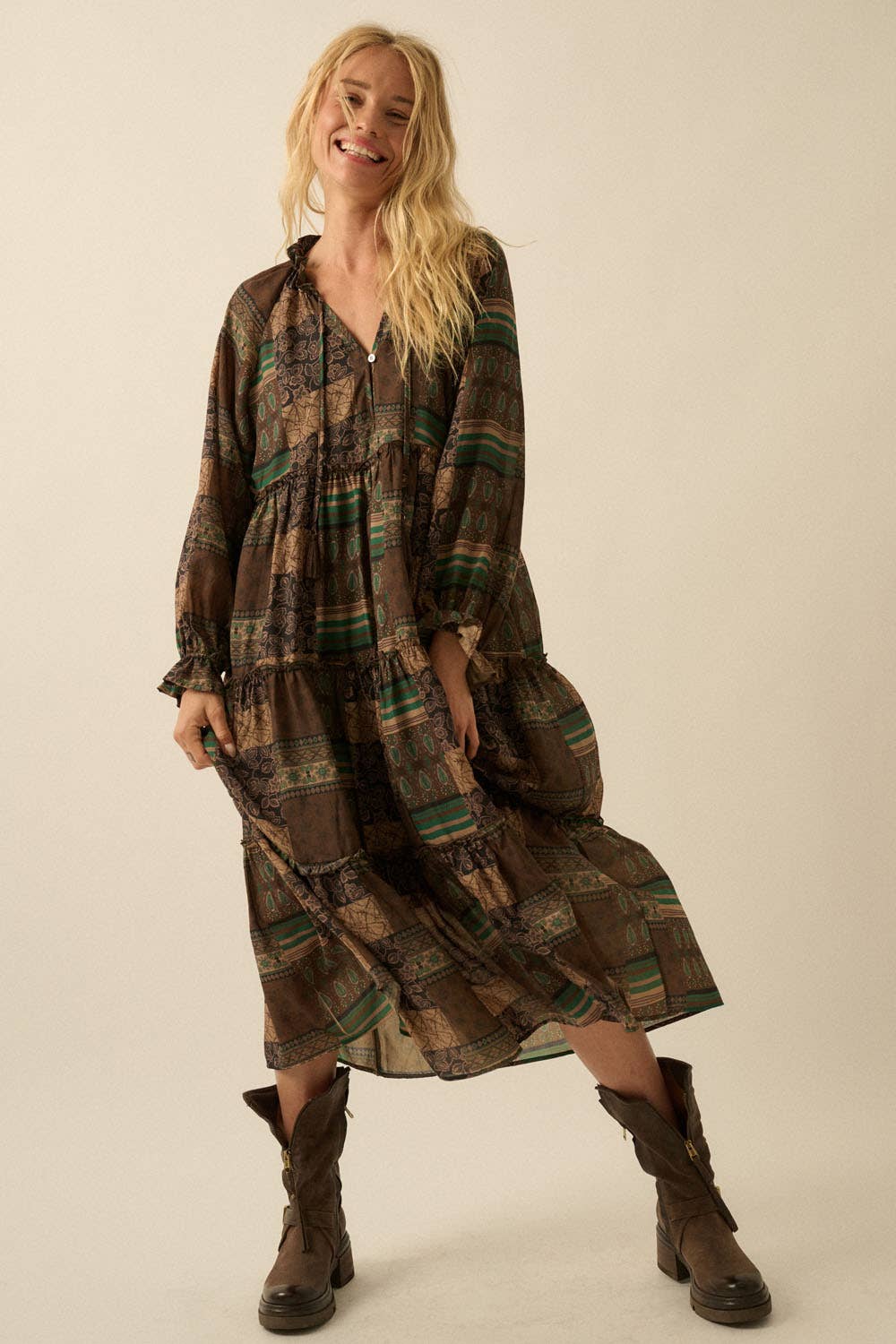 Patchwork-Print Tiered Ruffle Midi Prairie Dress