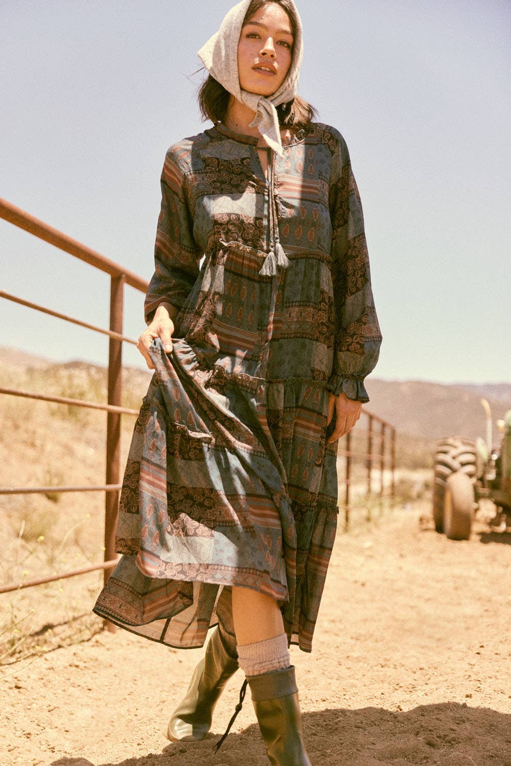Patchwork-Print Tiered Ruffle Midi Prairie Dress