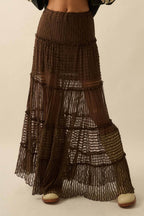 Striped Lace Tiered Ruffle Maxi Skirt