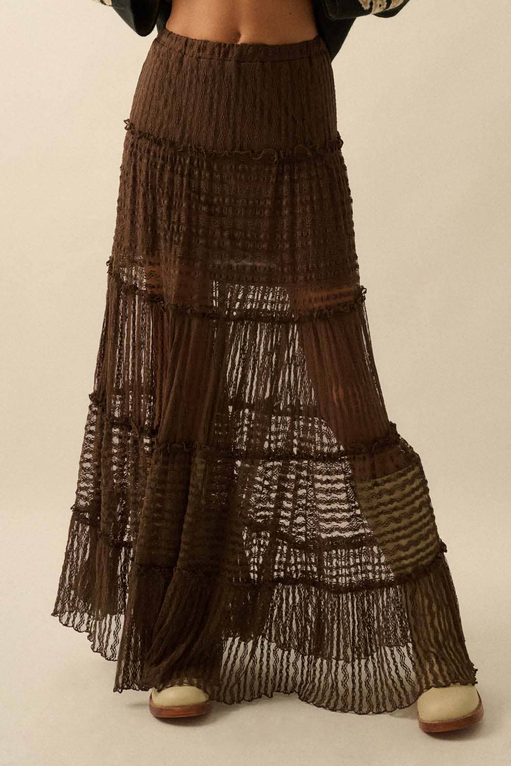 Striped Lace Tiered Ruffle Maxi Skirt