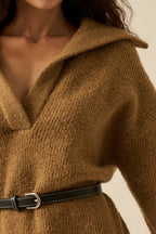 Rib-Knit Mini Sweater Dress with Oversize Collar