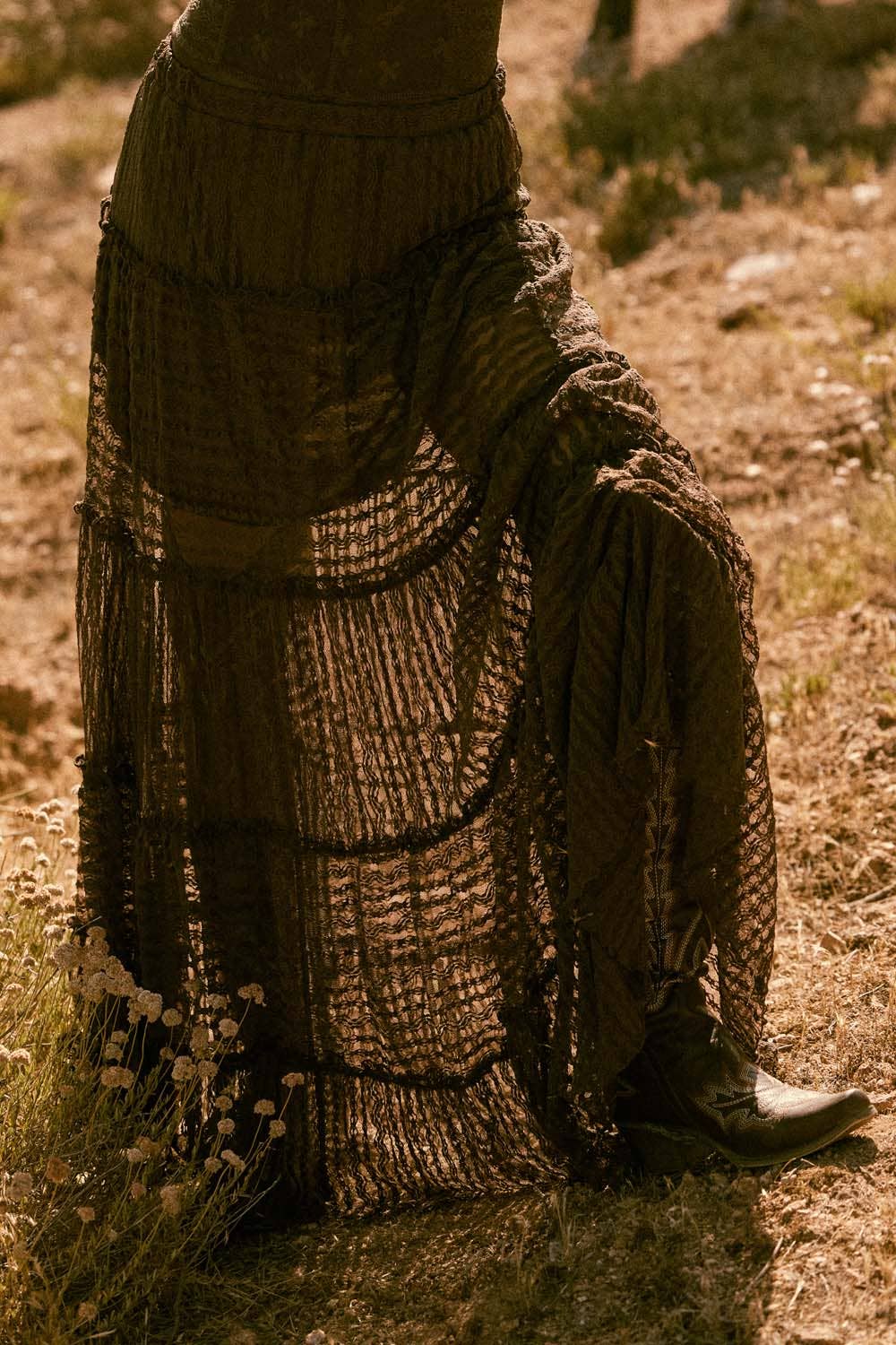 Striped Lace Tiered Ruffle Maxi Skirt