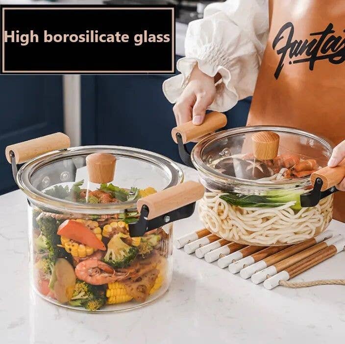 Heat-Resistant Glass Cooking Pot w/ Wooden Handles