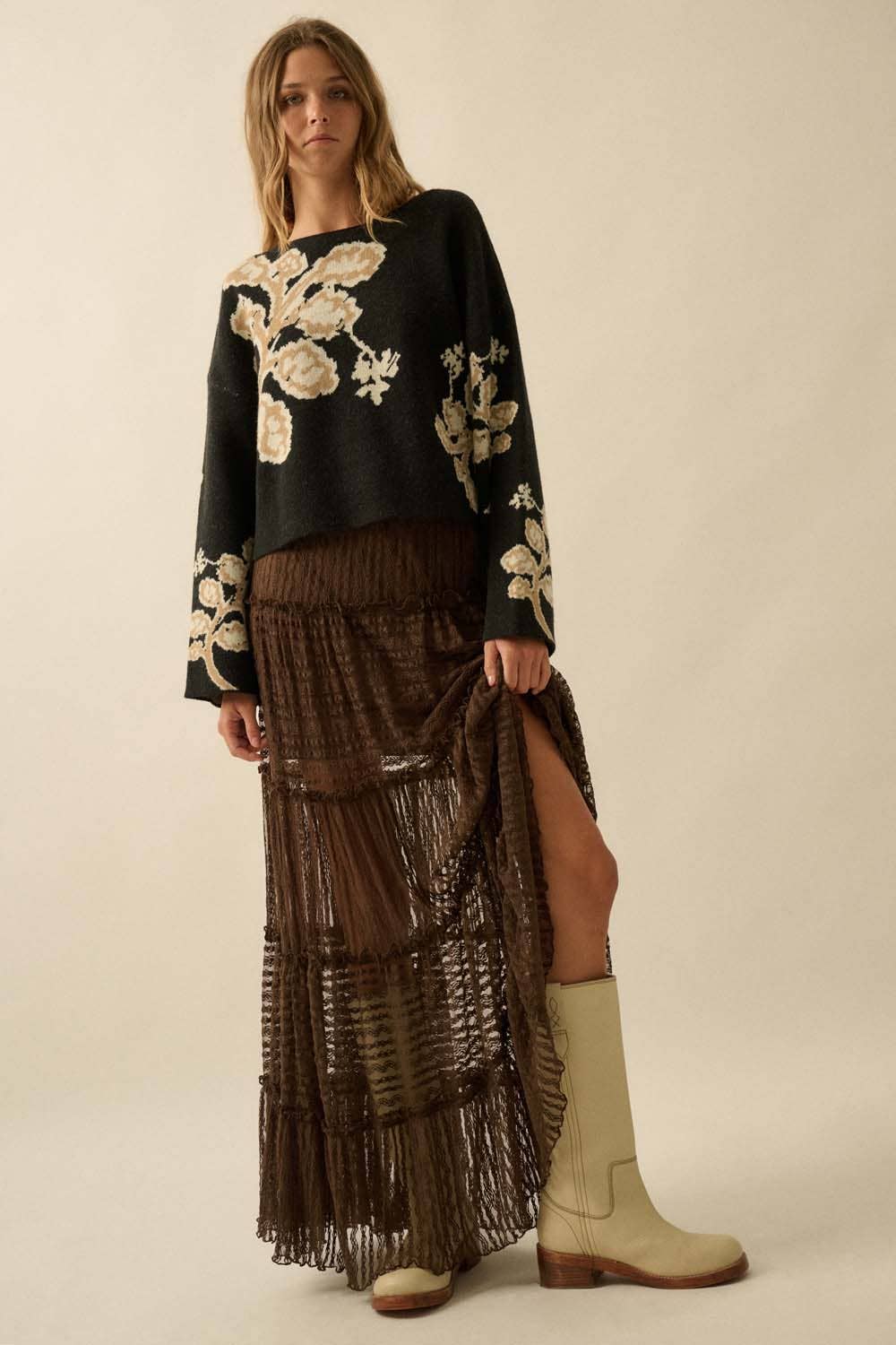 Striped Lace Tiered Ruffle Maxi Skirt