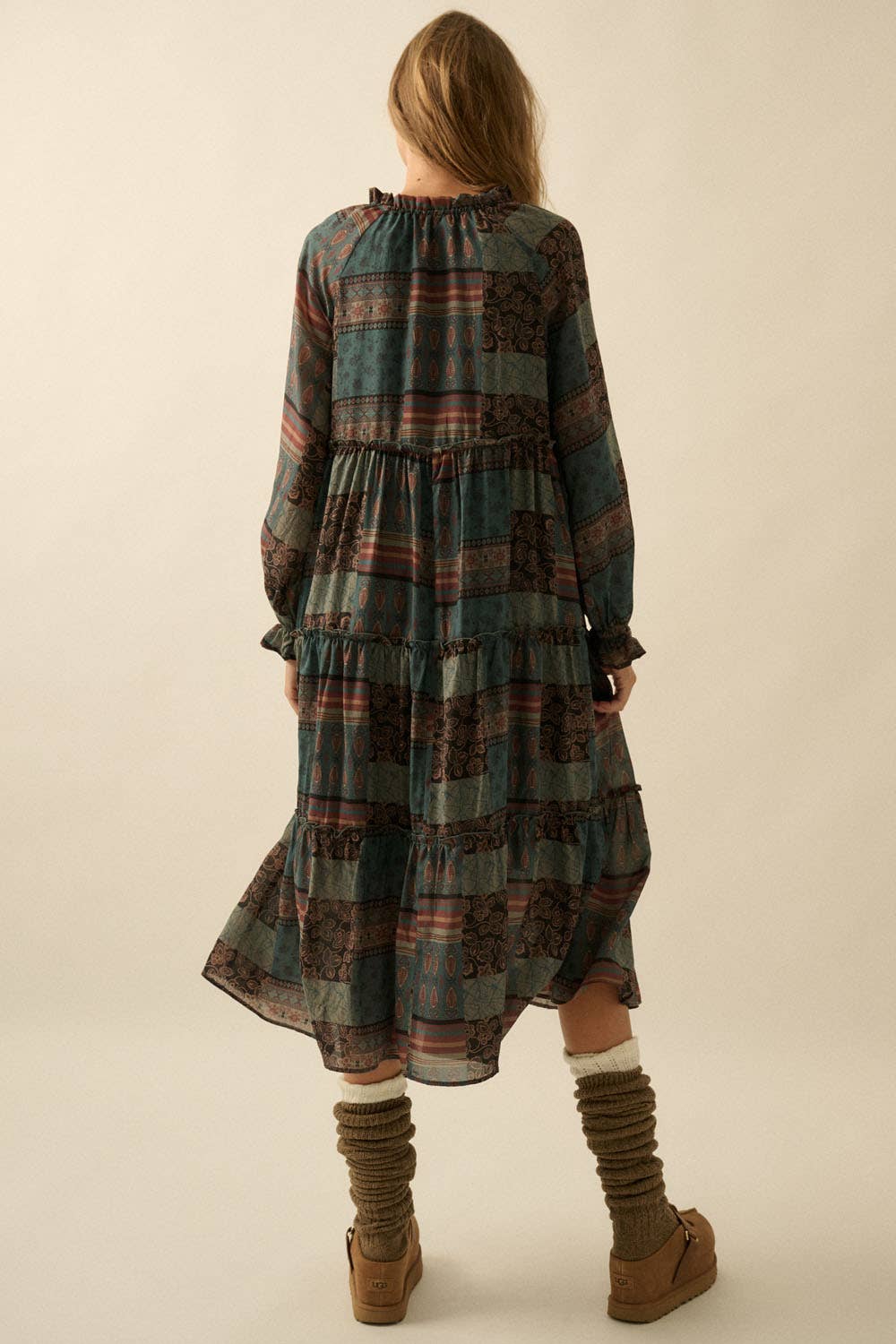 Patchwork-Print Tiered Ruffle Midi Prairie Dress