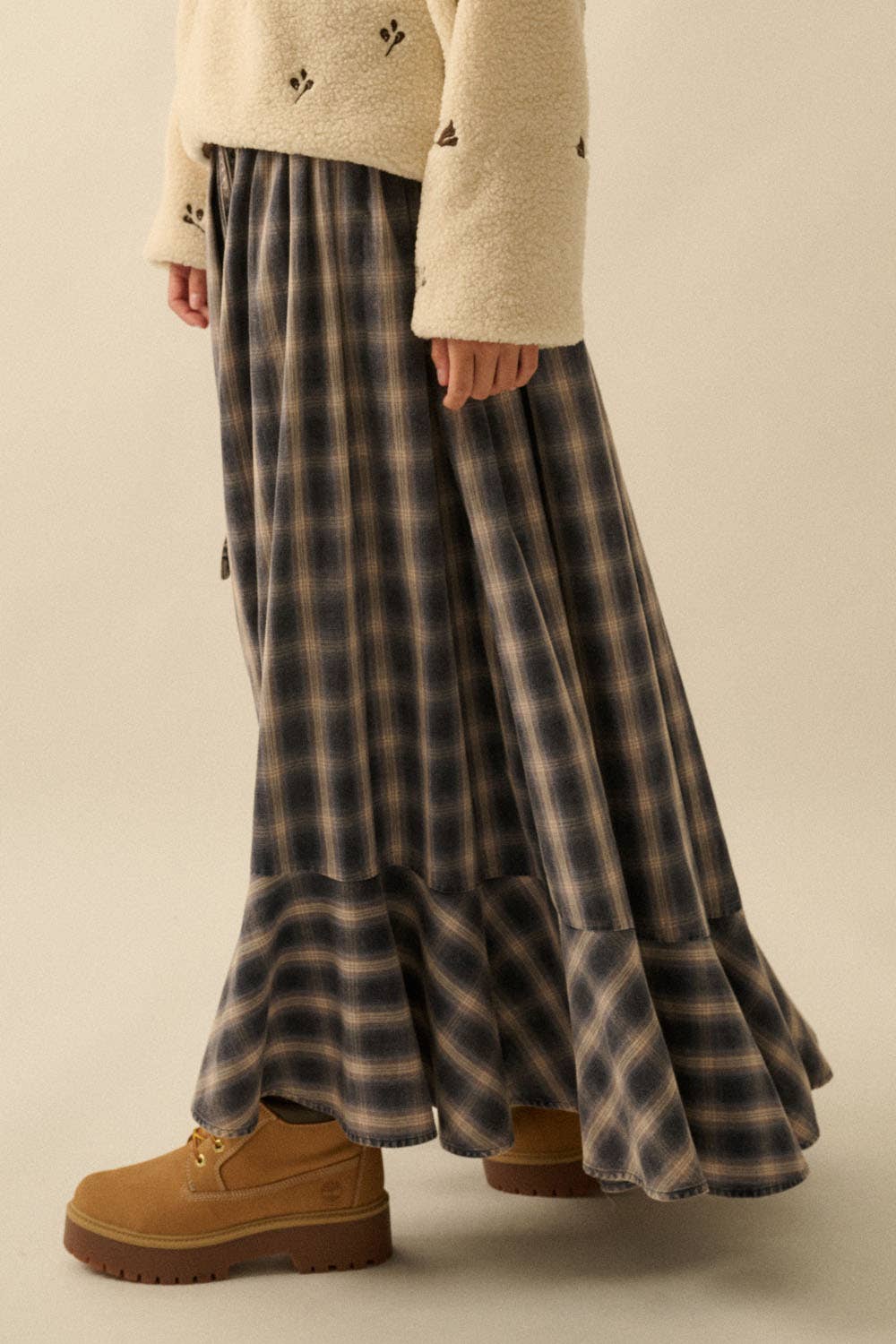 Plaid Flannel Button-Front Drawstring Maxi Skirt